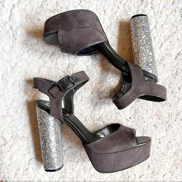 CIRCUS SAM EDELMAN Dark Gray Cosmo Silver Glitter-heel Platform Sandals Size 8M - Picture 1 of 8